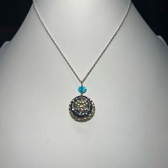 Silver and Gold Tone Hammered Disc Bead Charm Necklace - Picture 1 of 7